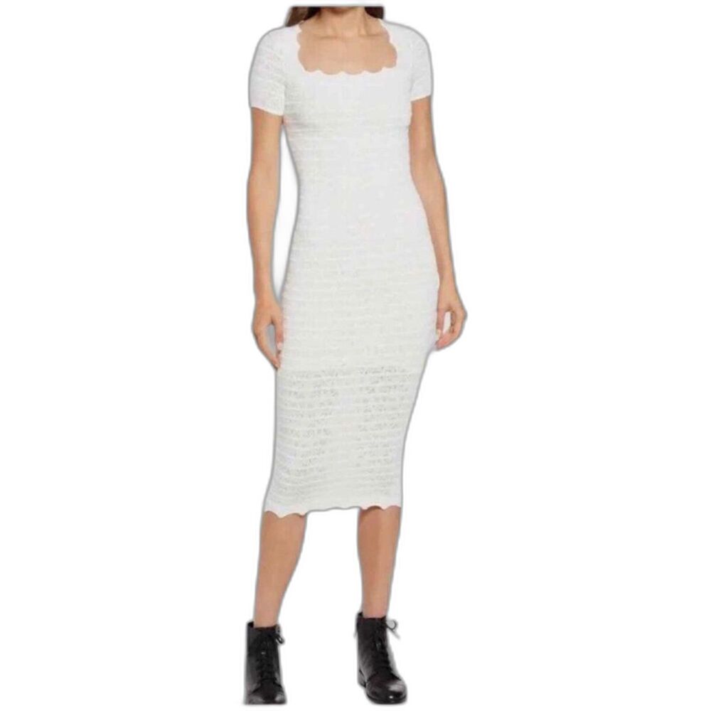 AllSaints Off-White Lace Textured Knit Scalloped Square Neck Midi Dress Size L
